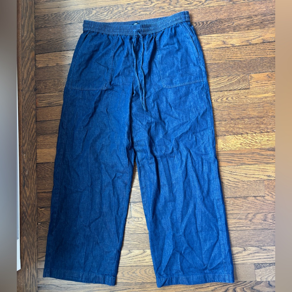 J. Crew Factory Wide Leg Drawstring Pants in Dark Blue Chambray Denim